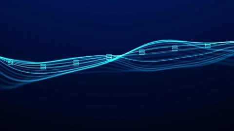 Glowing blue data wave with flowing light lines and node markers on a dark .. Stock Footage 335758733