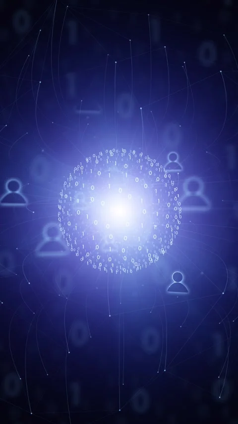 Glowing blue digital binary sphere with people icons rotation Video stock 345526878