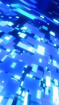 Glowing blue digital blocks forming an abstract futuristic grid with depth .. Illustrazione stock