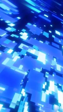 Glowing blue digital blocks forming an abstract futuristic grid with depth .. Illustrazione stock