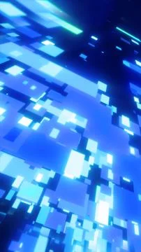 Glowing blue digital blocks forming an abstract futuristic grid with depth .. Illustrazione stock