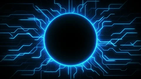 Glowing Blue Digital Circuit Lines Radiating From A Central Circle In A Stock Footage 339167372