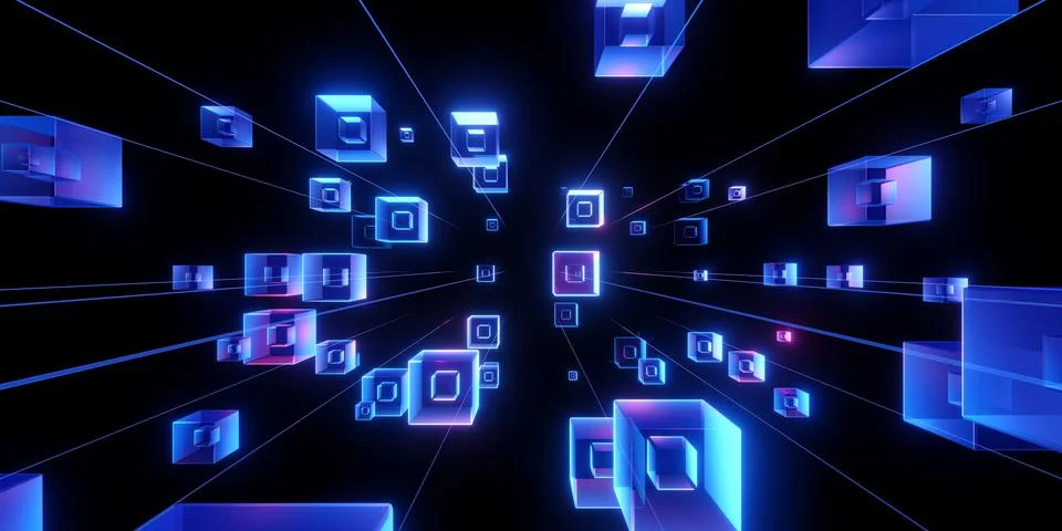 Glowing Blue Digital Cubes Moving Through Futuristic Data Space 스톡 일러스트