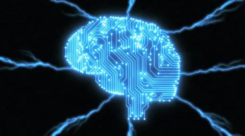 Glowing blue digital electrical brain with lightning bolts Stock Illustration