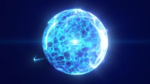 Glowing blue digital energy sphere with cellular plasma texture, bright cen.. Illustrazione stock