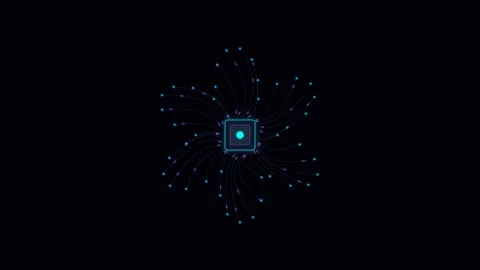 A glowing blue digital flower pattern radiating light against black background 库存影片 335118166
