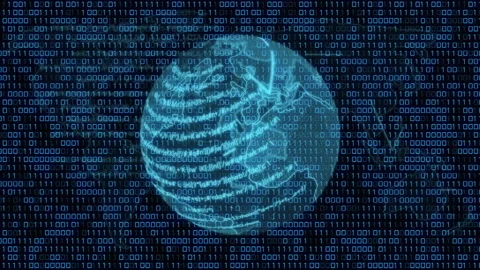 Glowing blue digital globe floating in dark cyberspace, with scrolling binary 스톡 동영상 307461394