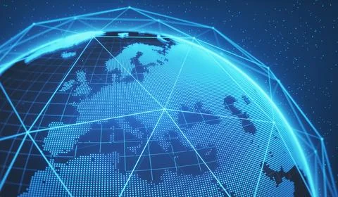 Glowing blue digital globe with grid lines and dots, representing global co.. 库存插图