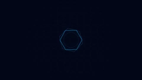 A glowing blue digital hexagon shape centered on a deep black background Video stock 338310886