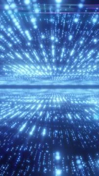 Glowing blue digital light field with particles streaming toward a horizon .. Stock Illustration