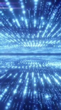 Glowing blue digital light field with particles streaming toward a horizon .. Stock Illustration