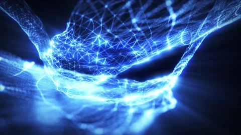 Glowing blue digital network forming a flowing mesh wave with connected parti 库存影片 331032161