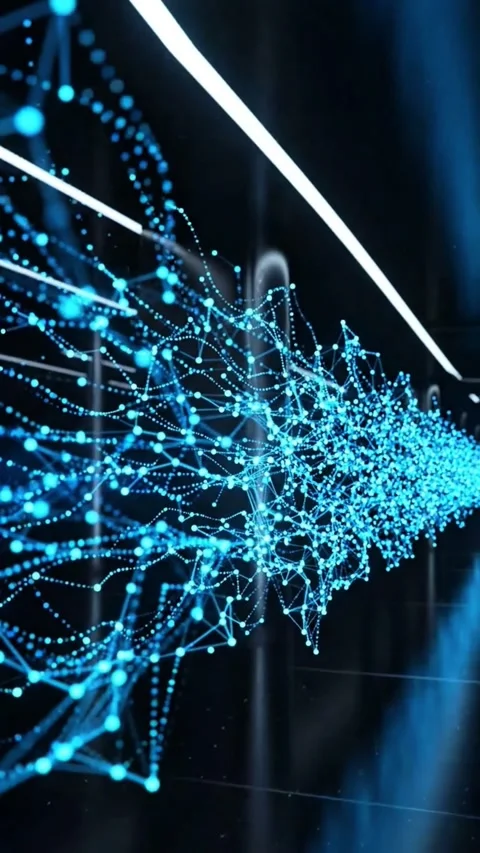 Glowing Blue Digital Network Stream in Dark Server Corridor Stock Footage 342204410