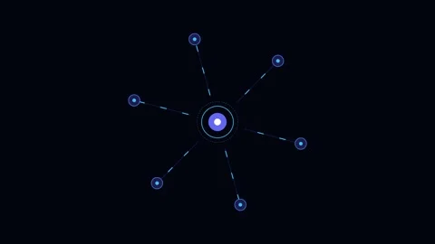 A glowing blue digital node connection interface on a solid black background Stockbeeldmateriaal 338309700