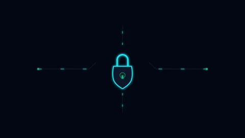 A glowing blue digital padlock icon centered on a dark black background Stock Footage 338310477