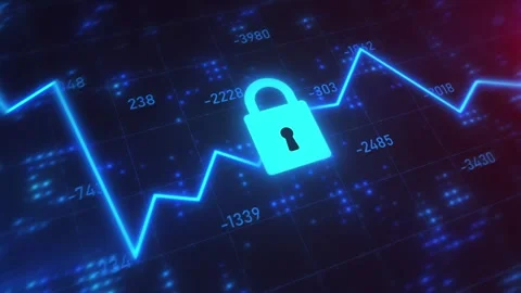 Glowing Blue Digital Padlock Icon with Financial Data Line Chart and Number. Stock Footage 341658290