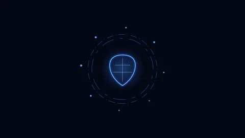 A glowing blue digital shield icon centered within a rotating data interface Stock Footage 338309959