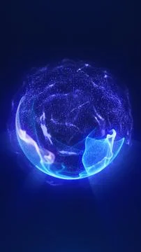 Glowing blue digital sphere made of particles and mesh waves, representing fu Illustrazione stock