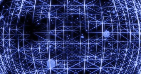A glowing blue digital sphere rotates with an intricate network of glowing l 스톡 동영상 346140866
