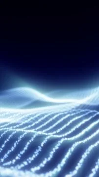 Glowing blue digital wave landscape with luminous particles and soft bokeh,.. Stock Illustration
