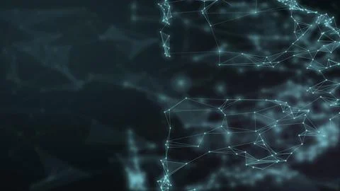 A glowing blue digital world map emerges from connected points and geometri.. Stock Illustration