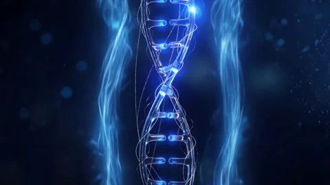 Glowing blue DNA double helix centered on dark background with translucent Stock Footage 338438862