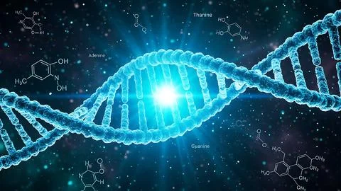 Glowing blue DNA double helix with molecular structures Stock Illustration