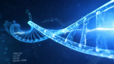 Glowing blue DNA helix sweeps through dark digital space with bright cyan Stock Footage 338440885
