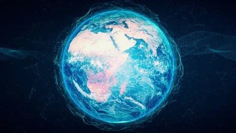 Glowing Blue Earth with Global Digital Plexus Network and Data Waves Stock Footage 331293995