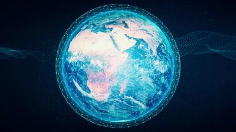 Glowing Blue Earth with Global Digital Plexus Network and Data Waves Stock Footage 331294011