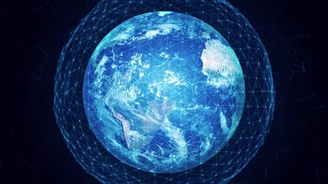 Glowing Blue Earth with Global Digital Plexus Network and Data Waves Stock Footage 331294333
