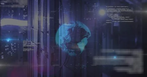 Glowing blue Earth globe hovering in data center, with cabled server racks code 스톡 사진
