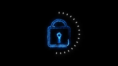 Glowing Blue Electric Lock Symbol with animation White Dashed Circle on Bla.. Stock Footage 321586349