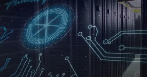 Glowing blue elements in futuristic digital circuit design on dark background Stock Footage 303869806