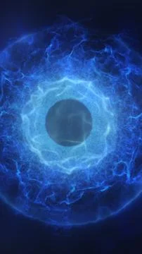 Glowing blue energy ring with a dark core, surrounded by electric plasma te.. Illustrazione stock