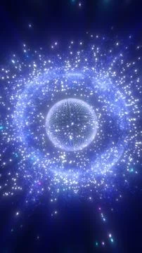 Glowing blue energy sphere surrounded by particles in cosmic space, symboli.. Stock Illustration