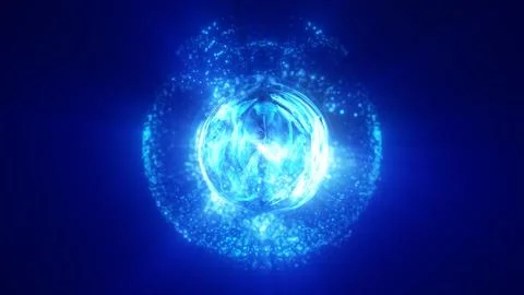 Glowing blue energy sphere surrounded by luminous particles and plasma wave.. Illustrazione stock