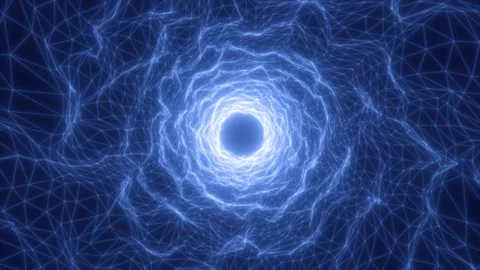 Glowing blue energy vortex with wireframe grid structure creating a tunnel .. Stock Footage 309567643