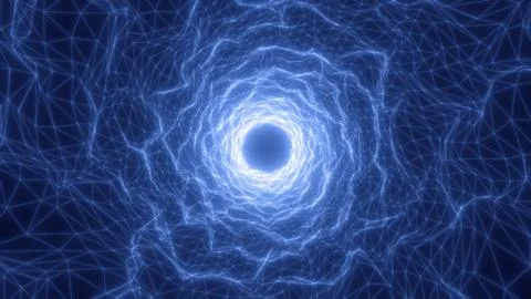 Glowing blue energy vortex with wireframe grid structure creating a tunnel .. Stock Photos