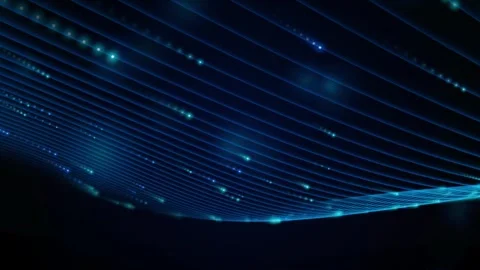 Glowing blue fiber optic lines animation, abstract tech curved network wave 库存影片 343041346