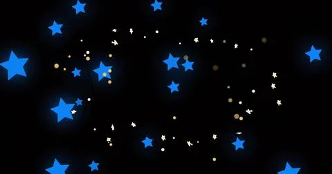 Glowing blue five-point stars spiraling center on black backdrop, gold bokeh, Stock Illustration