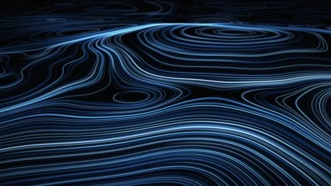 Glowing blue flow field lines moving in waves on dark background Stock Footage 347278662