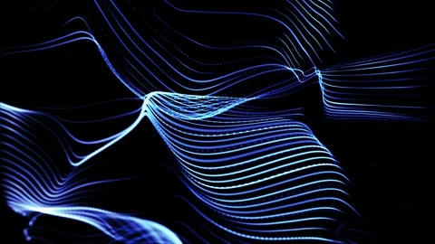 Glowing blue flowing lines forming an abstract digital wave on dark backgroun Vidéo 330593949