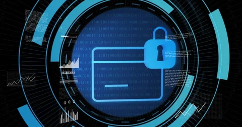 Glowing blue folder icon getting locked in futuristic dashboard, with binary Stock Footage 307550562