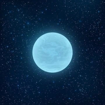 Glowing blue full moon in space. Many luminous stars. Realistic space Stock Illustration