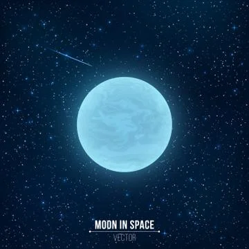 Glowing blue full moon in space. Falling star. Many luminous stars. Realistic Stock Illustration