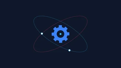 A glowing blue gear icon orbiting with rings on a dark navy background 스톡 동영상 338310567
