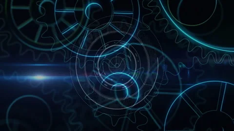 Glowing blue gears and cogs interlocking in futuristic digital animation Stock Footage 303590208