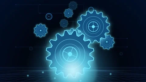Glowing blue gears rotating on grid interface for industrial automation tec.. Vidéo 348115495