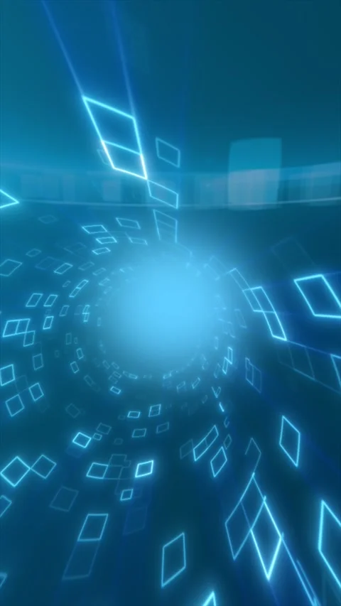 Glowing blue geometric rectangles spiral toward a bright center, forming a .. Stock Footage 337958170